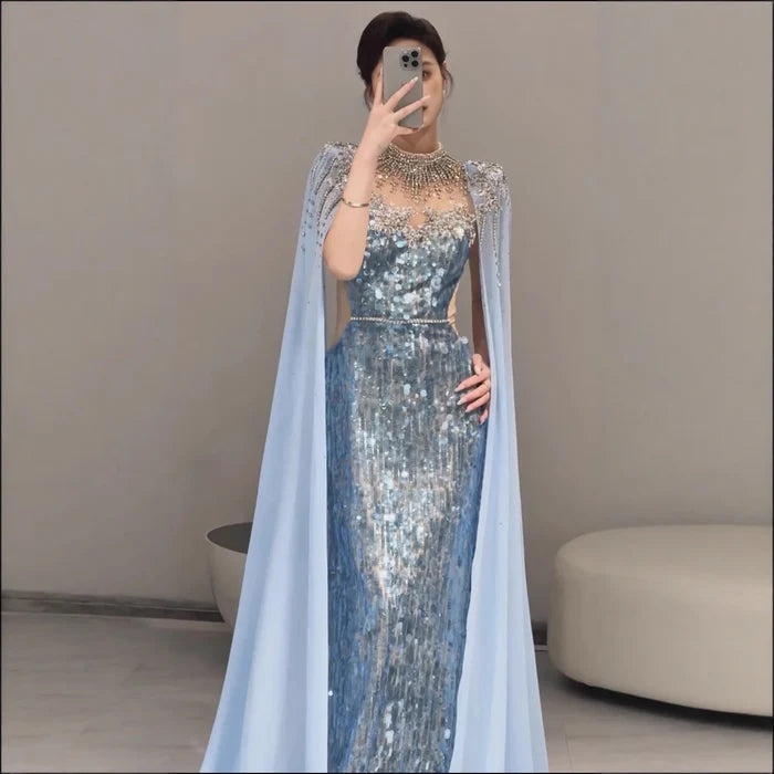 Luxury Dubai Blue Mermaid Evening Dress with Cape LA73419 - SERENE HILL