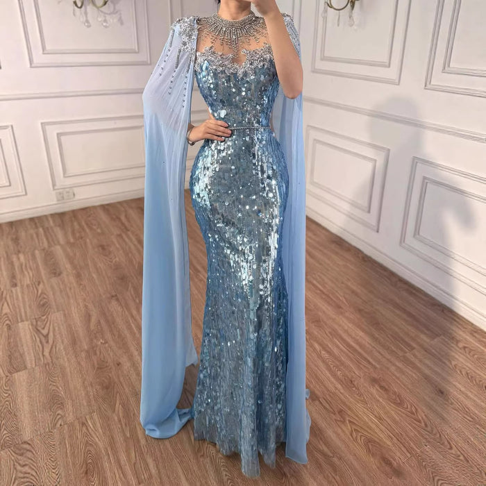 Luxury Dubai Blue Mermaid Evening Dress with Cape LA73419