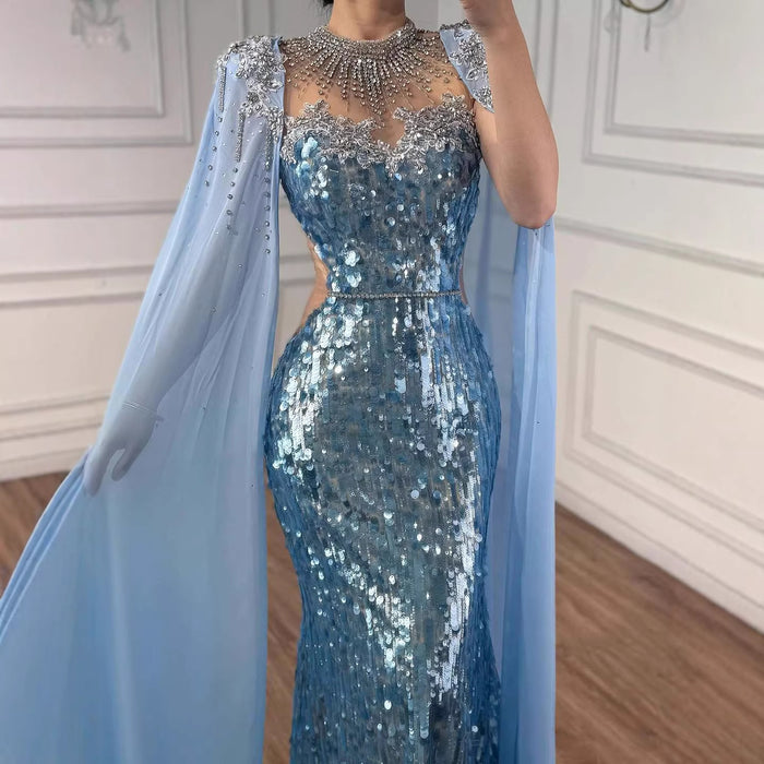 Luxury Dubai Blue Mermaid Evening Dress with Cape LA73419
