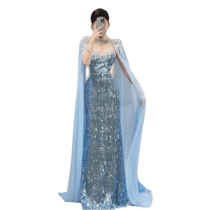 Luxury Dubai Blue Mermaid Evening Dress with Cape LA73419 - SERENE HILL