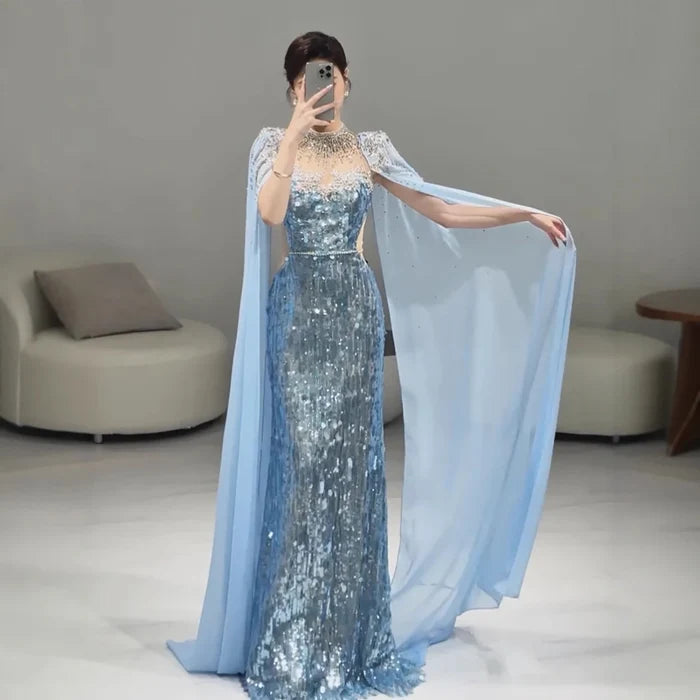 Luxury Dubai Blue Mermaid Evening Dress with Cape LA73419 - SERENE HILL