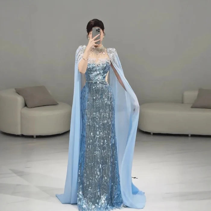 Luxury Dubai Blue Mermaid Evening Dress with Cape LA73419 - SERENE HILL