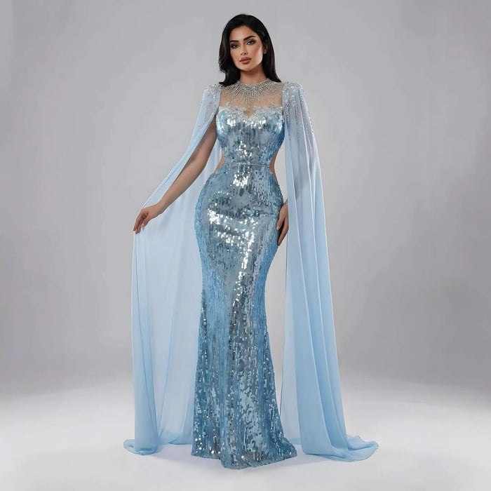 Luxury Dubai Blue Mermaid Evening Dress with Cape LA73419