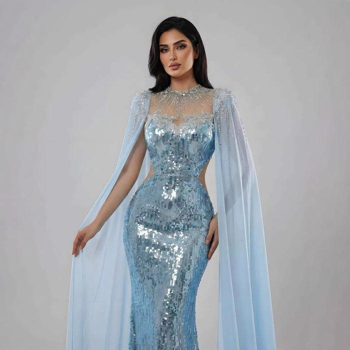 Luxury Dubai Blue Mermaid Evening Dress with Cape LA73419