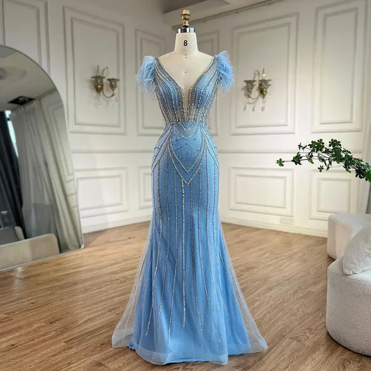 Luxury Dubai Blue Mermaid Evening Dress with Pearls and Feathers LA72578 - SERENE HILL