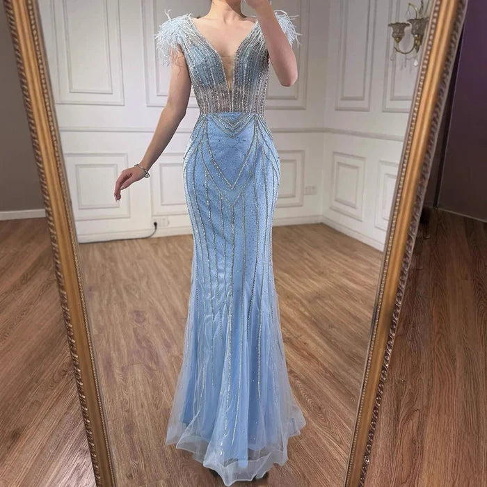 Luxury Dubai Blue Mermaid Evening Dress with Pearls and Feathers LA72578 - SERENE HILL