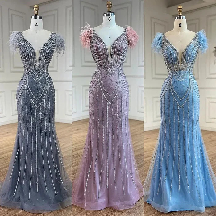 Luxury Dubai Blue Mermaid Evening Dress with Pearls and Feathers LA72578 - SERENE HILL