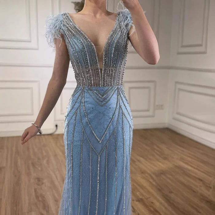 Luxury Dubai Blue Mermaid Evening Dress with Pearls and Feathers LA72578 - SERENE HILL