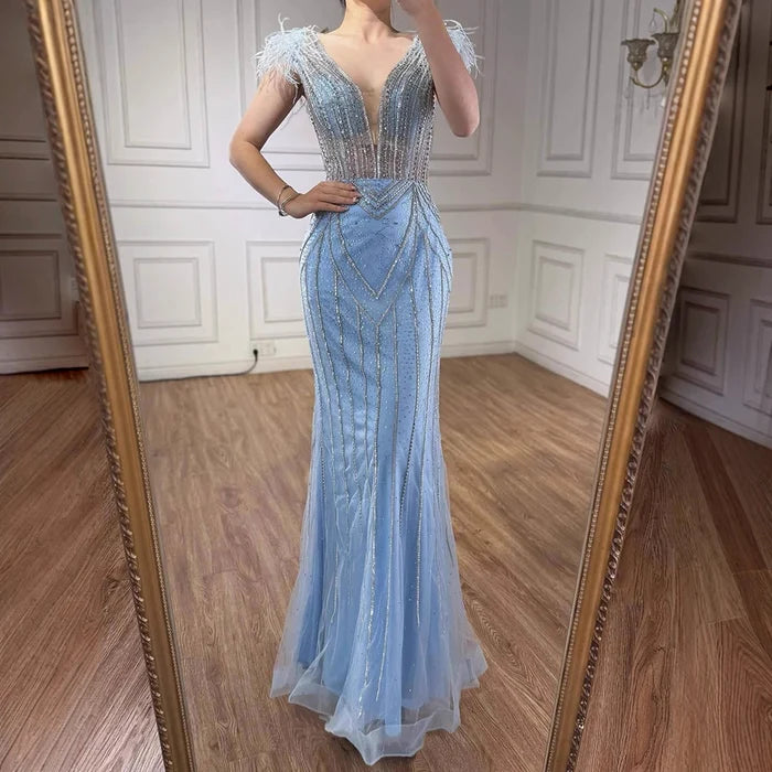 Luxury Dubai Blue Mermaid Evening Dress with Pearls and Feathers LA72578 - SERENE HILL