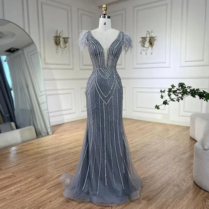 Luxury Dubai Blue Mermaid Evening Dress with Pearls and Feathers LA72578 - SERENE HILL