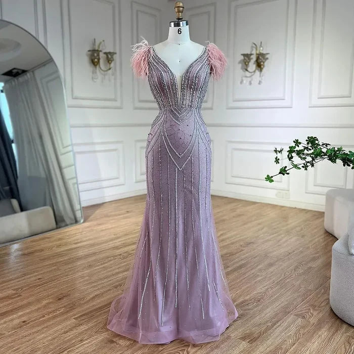 Luxury Dubai Blue Mermaid Evening Dress with Pearls and Feathers LA72578 - SERENE HILL