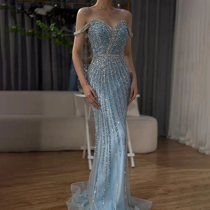Luxury Dubai Blue Prom Mermaid Gown Beaded Luxury Saudi Evening Dress for Formal Occasion LA72715A - SERENE HILL