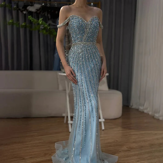 Luxury Dubai Blue Prom Mermaid Gown Beaded Luxury Saudi Evening Dress for Formal Occasion LA72715A - SERENE HILL