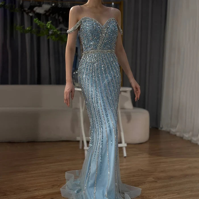 Luxury Dubai Blue Prom Mermaid Gown Beaded Luxury Saudi Evening Dress for Formal Occasion LA72715A - SERENE HILL