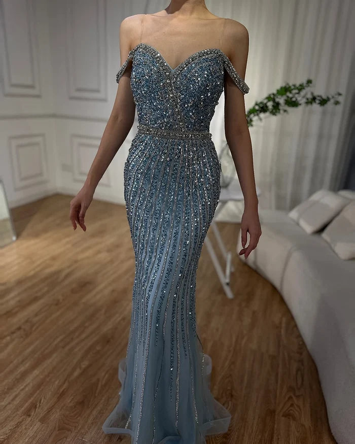 Luxury Dubai Blue Prom Mermaid Gown Beaded Luxury Saudi Evening Dress for Formal Occasion LA72715A - SERENE HILL
