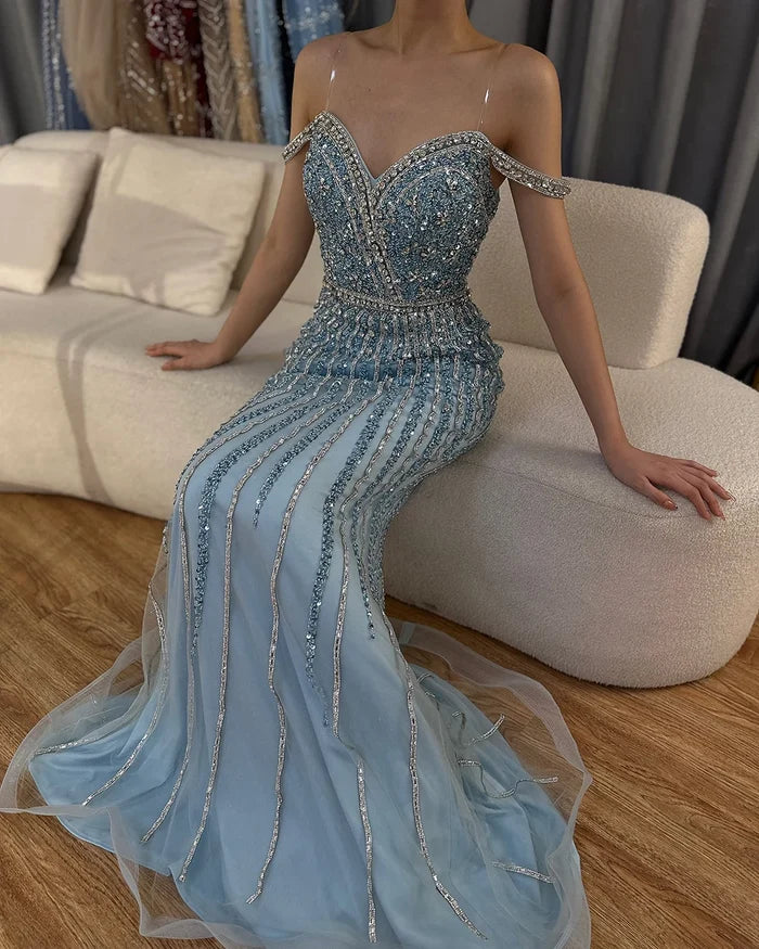 Luxury Dubai Blue Prom Mermaid Gown Beaded Luxury Saudi Evening Dress for Formal Occasion LA72715A - SERENE HILL