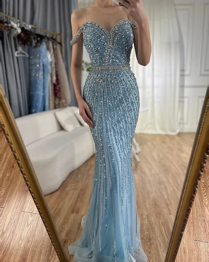 Luxury Dubai Blue Prom Mermaid Gown Beaded Luxury Saudi Evening Dress for Formal Occasion LA72715A - SERENE HILL