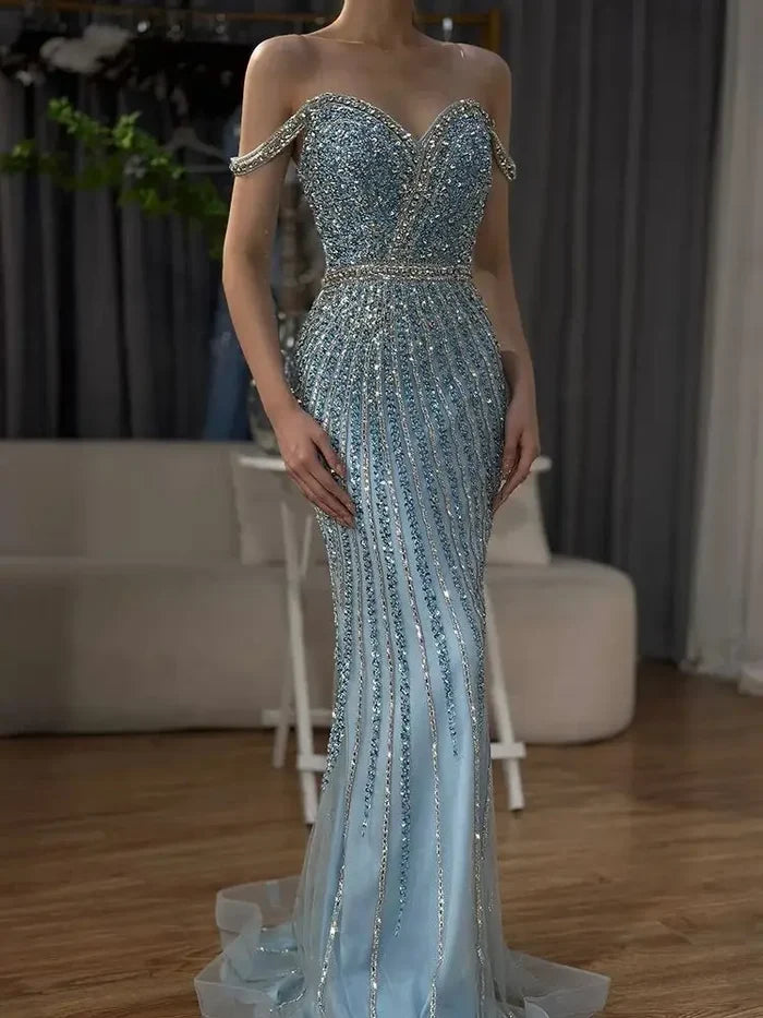 Luxury Dubai Blue Prom Mermaid Gown Beaded Luxury Saudi Evening Dress for Formal Occasion LA72715A - SERENE HILL