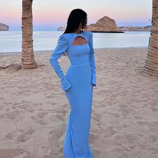 Luxury Dubai Blue Satin Mermaid Evening Dress Lace-Up Back LA72416 - SERENE HILL
