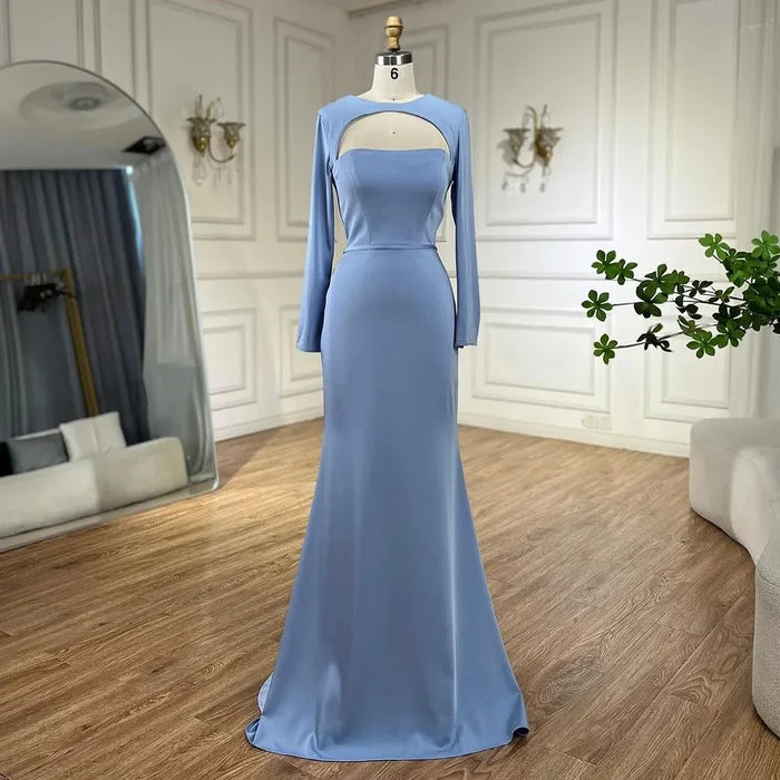 Luxury Dubai Blue Satin Mermaid Evening Dress Lace-Up Back LA72416 - SERENE HILL