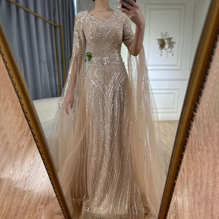Luxury Dubai Caramel A-Line Beaded Evening Dress with Cape Sleeves LA72798 - SERENE HILL