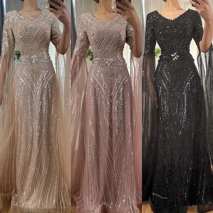Luxury Dubai Caramel A-Line Beaded Evening Dress with Cape Sleeves LA72798 - SERENE HILL