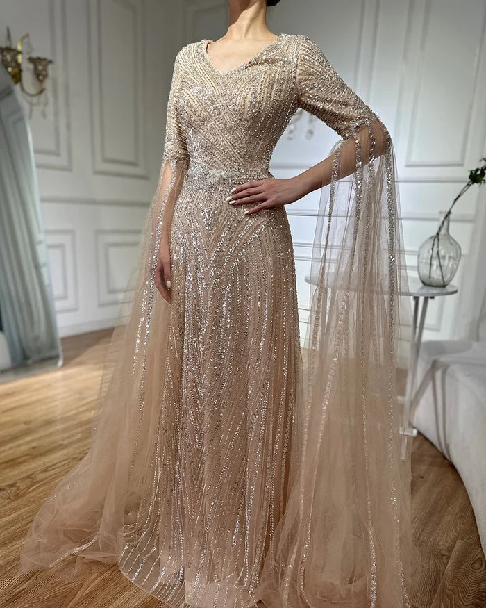 Luxury Dubai Caramel A-Line Beaded Evening Dress with Cape Sleeves LA72798 - SERENE HILL