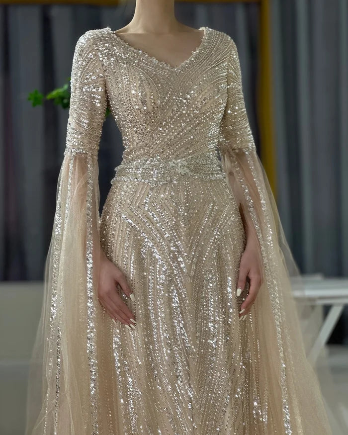Luxury Dubai Caramel A-Line Beaded Evening Dress with Cape Sleeves LA72798 - SERENE HILL