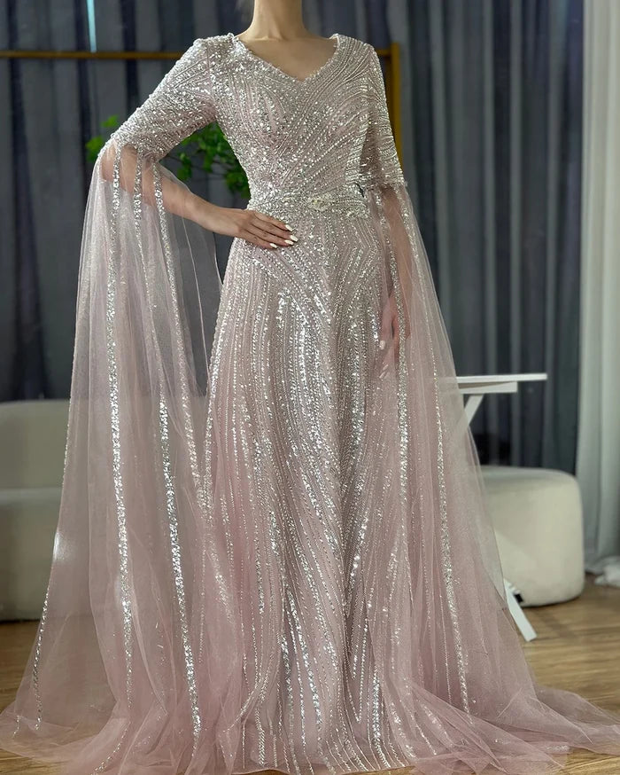 Luxury Dubai Caramel A-Line Beaded Evening Dress with Cape Sleeves LA72798 - SERENE HILL