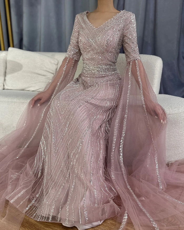 Luxury Dubai Caramel A-Line Beaded Evening Dress with Cape Sleeves LA72798 - SERENE HILL
