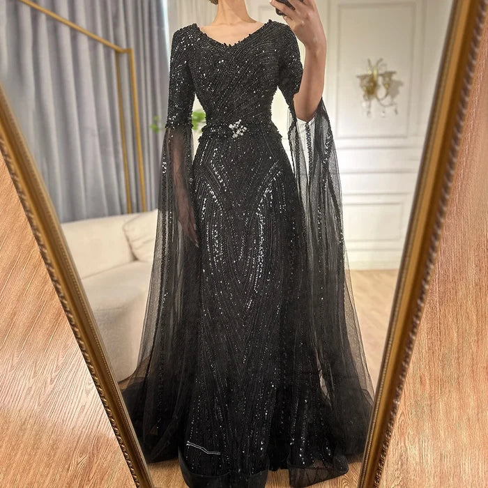 Luxury Dubai Caramel A-Line Beaded Evening Dress with Cape Sleeves LA72798 - SERENE HILL