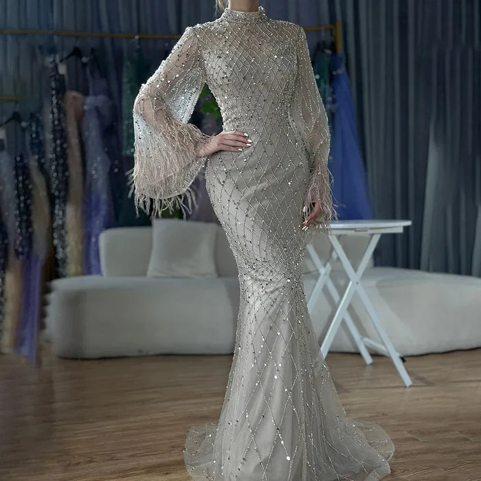 Luxury Dubai Caramel Beaded Feathers Mermaid Evening Dress LA72394A - SERENE HILL