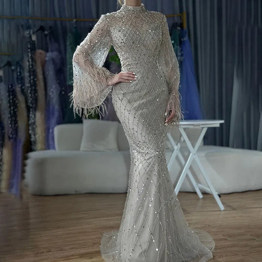 Luxury Dubai Caramel Beaded Feathers Mermaid Evening Dress LA72394A - SERENE HILL