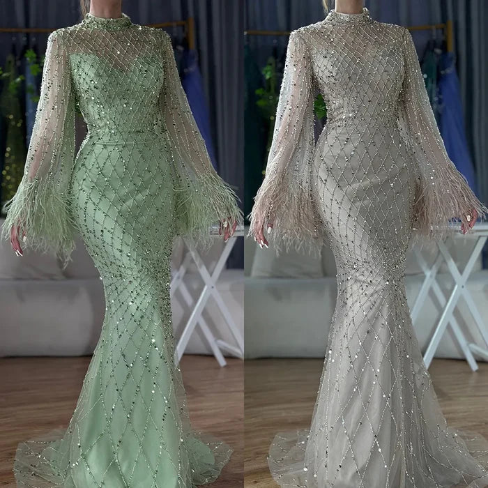 Luxury Dubai Caramel Beaded Feathers Mermaid Evening Dress LA72394A - SERENE HILL