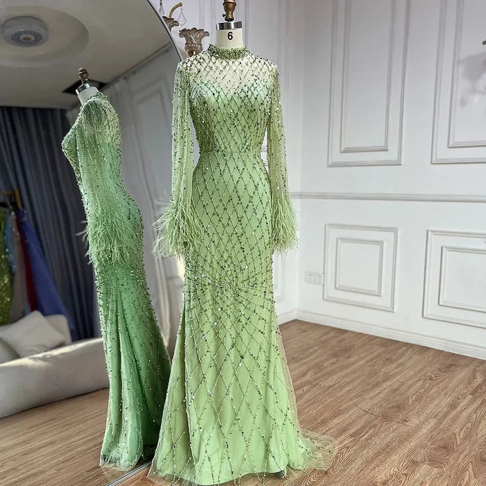 Luxury Dubai Caramel Beaded Feathers Mermaid Evening Dress LA72394A - SERENE HILL