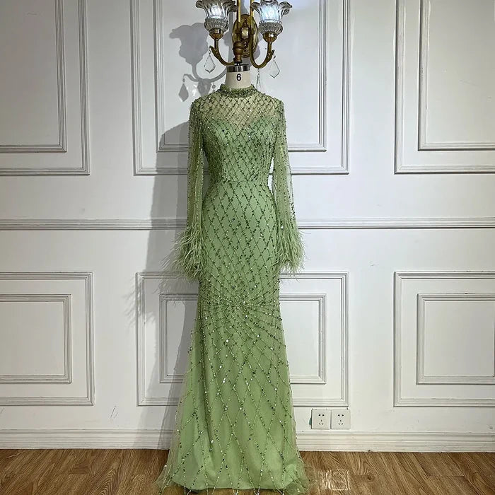 Luxury Dubai Caramel Beaded Feathers Mermaid Evening Dress LA72394A - SERENE HILL