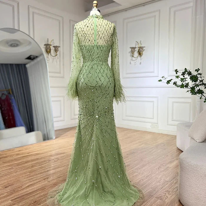 Luxury Dubai Caramel Beaded Feathers Mermaid Evening Dress LA72394A - SERENE HILL
