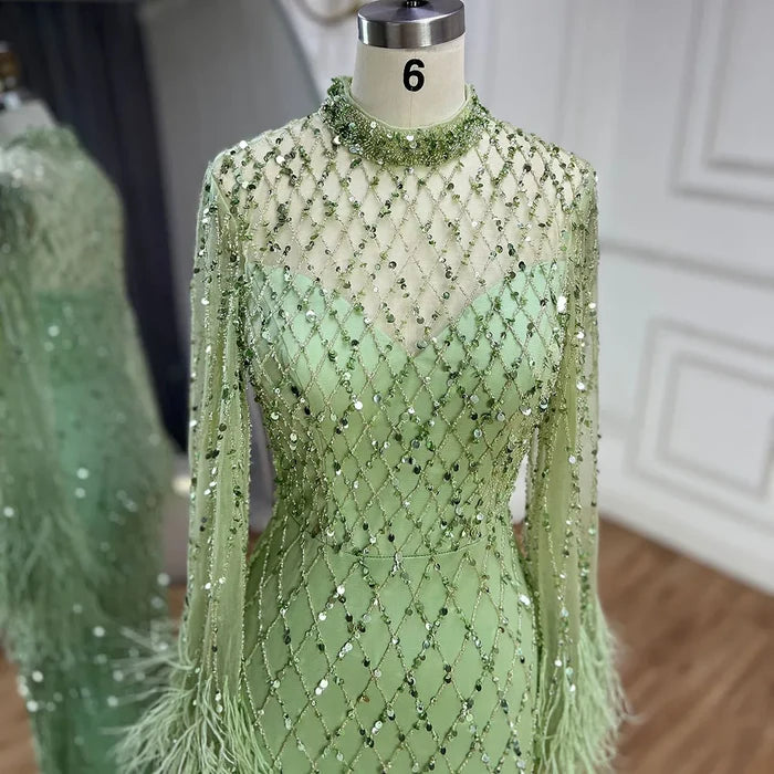 Luxury Dubai Caramel Beaded Feathers Mermaid Evening Dress LA72394A - SERENE HILL