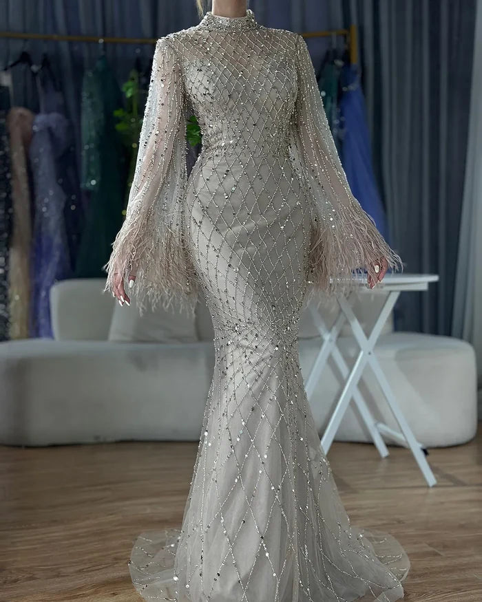 Luxury Dubai Caramel Beaded Feathers Mermaid Evening Dress LA72394A - SERENE HILL