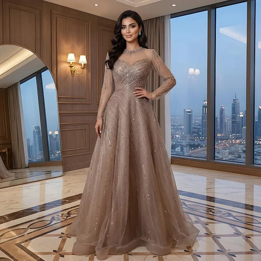 Luxury Dubai Caramel Crystal Beaded A-Line Evening Gown LA72563A - SERENE  HILL