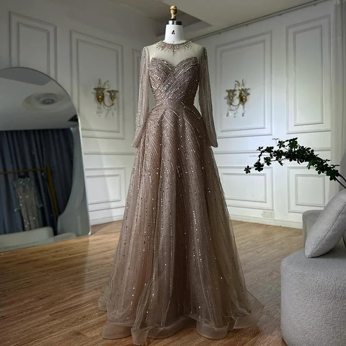Luxury Dubai Caramel Crystal Beaded A-Line Evening Gown LA72563A - SERENE HILL