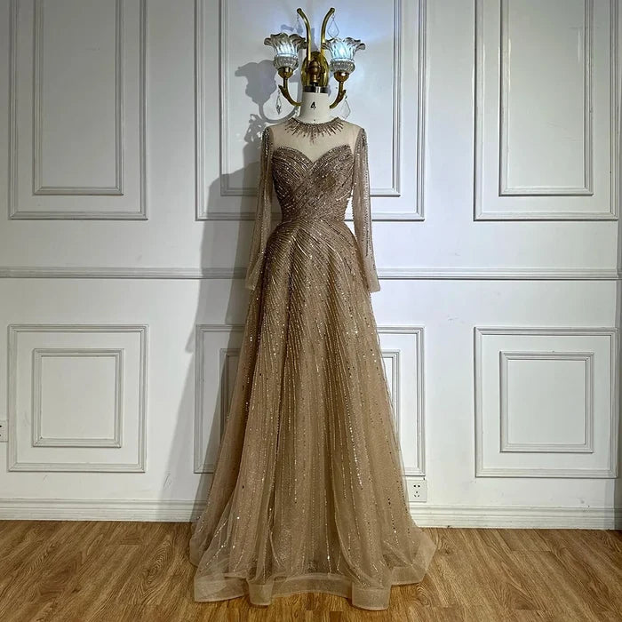 Luxury Dubai Caramel Crystal Beaded A-Line Evening Gown LA72563A - SERENE HILL