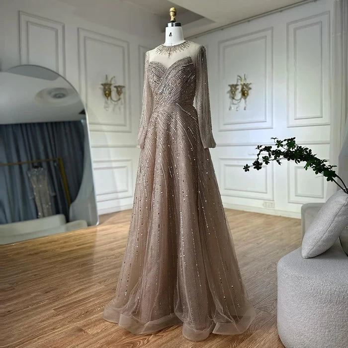 Luxury Dubai Caramel Crystal Beaded A-Line Evening Gown LA72563A - SERENE HILL