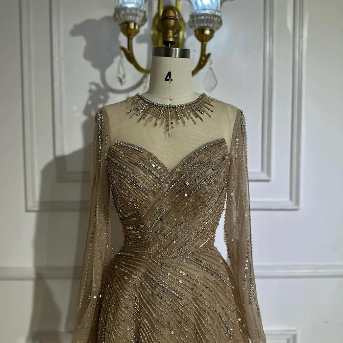 Luxury Dubai Caramel Crystal Beaded A-Line Evening Gown LA72563A - SERENE HILL
