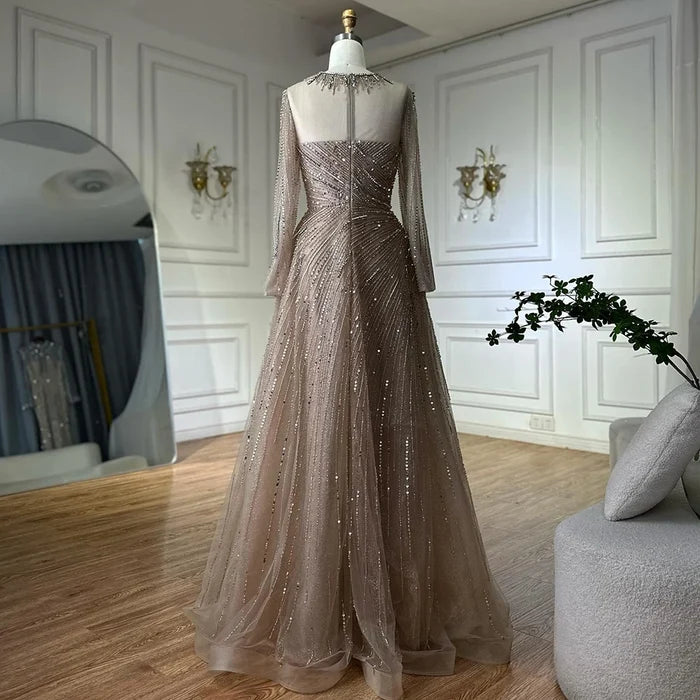 Luxury Dubai Caramel Crystal Beaded A-Line Evening Gown LA72563A - SERENE HILL