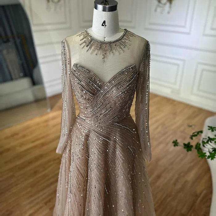 Luxury Dubai Caramel Crystal Beaded A-Line Evening Gown LA72563A - SERENE HILL