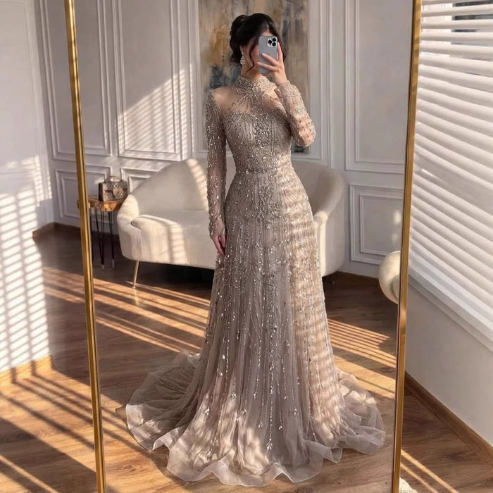 Luxury Dubai Designer Modest A-Line Blue Lace Beaded Evening Dresses LA72704 - SERENE  HILL