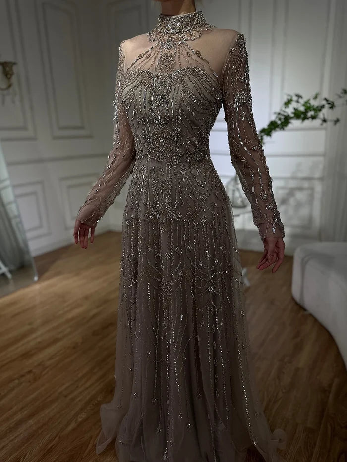 Luxury Dubai Designer Modest A-Line Blue Lace Beaded Evening Dresses LA72704 - SERENE HILL