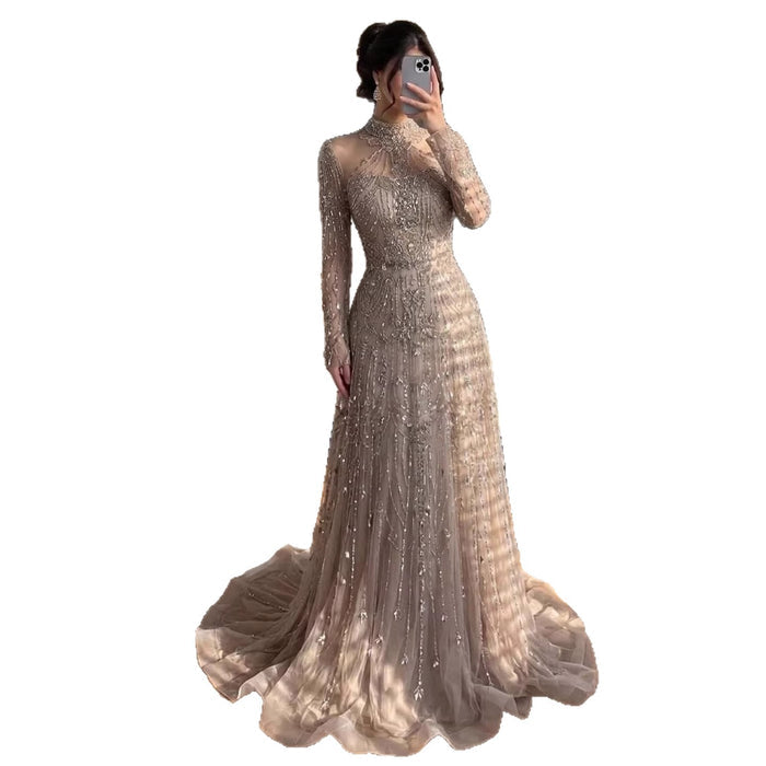 Luxury Dubai Designer Modest A-Line Blue Lace Beaded Evening Dresses LA72704 - SERENE  HILL