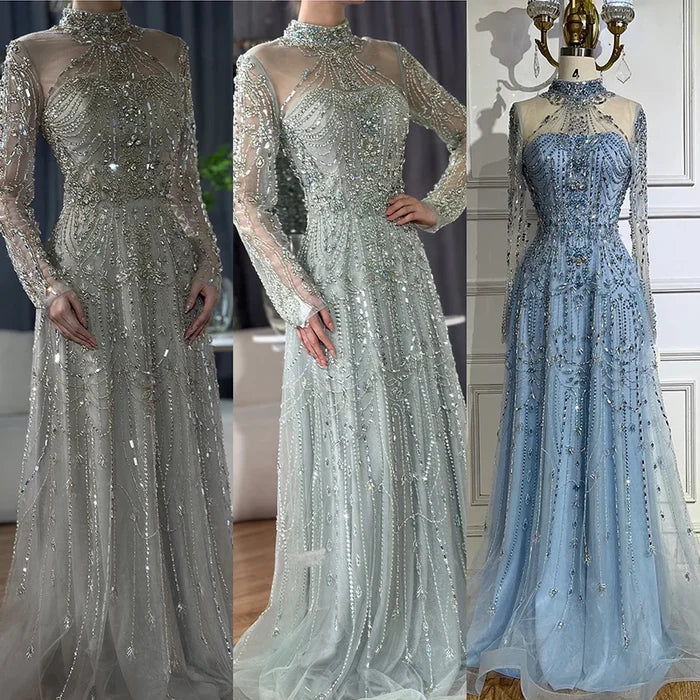 Luxury Dubai Designer Modest A-Line Blue Lace Beaded Evening Dresses LA72704 - SERENE HILL